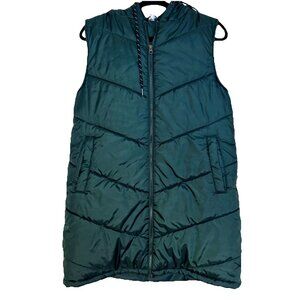 Zella Hooded Puffer Vest Womens S Pine Green Mid-Length Lined Pockets Quilted